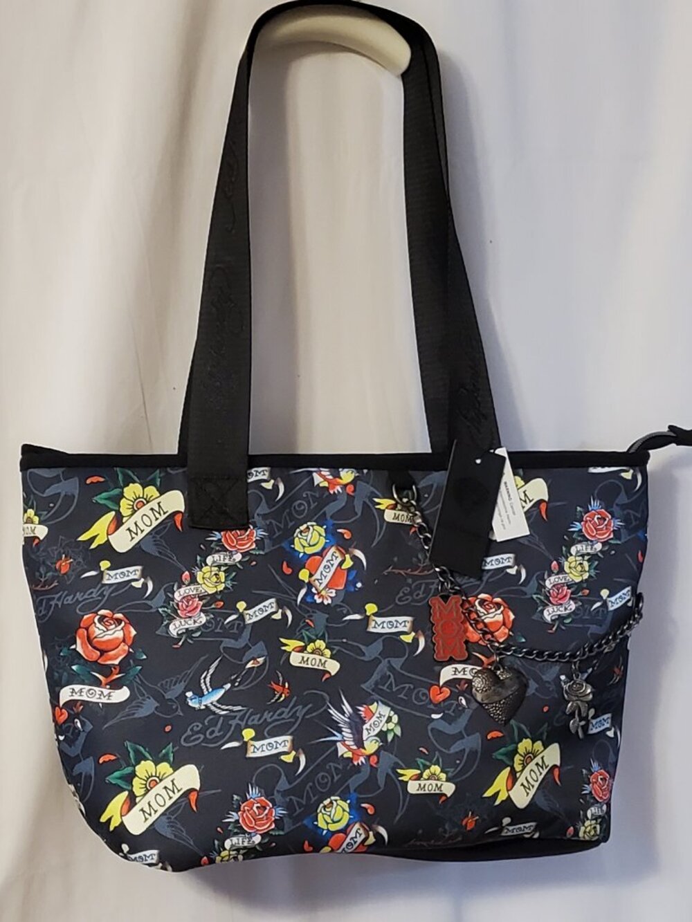 Ed Hardy Tattoo "MOM"  Black Floral Print Large Tote Bag W/Charm Accents NWT!